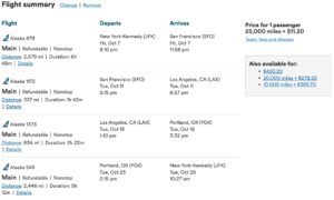 Using Alaska miles to fly from New York to San Fran, LA, and Portland
