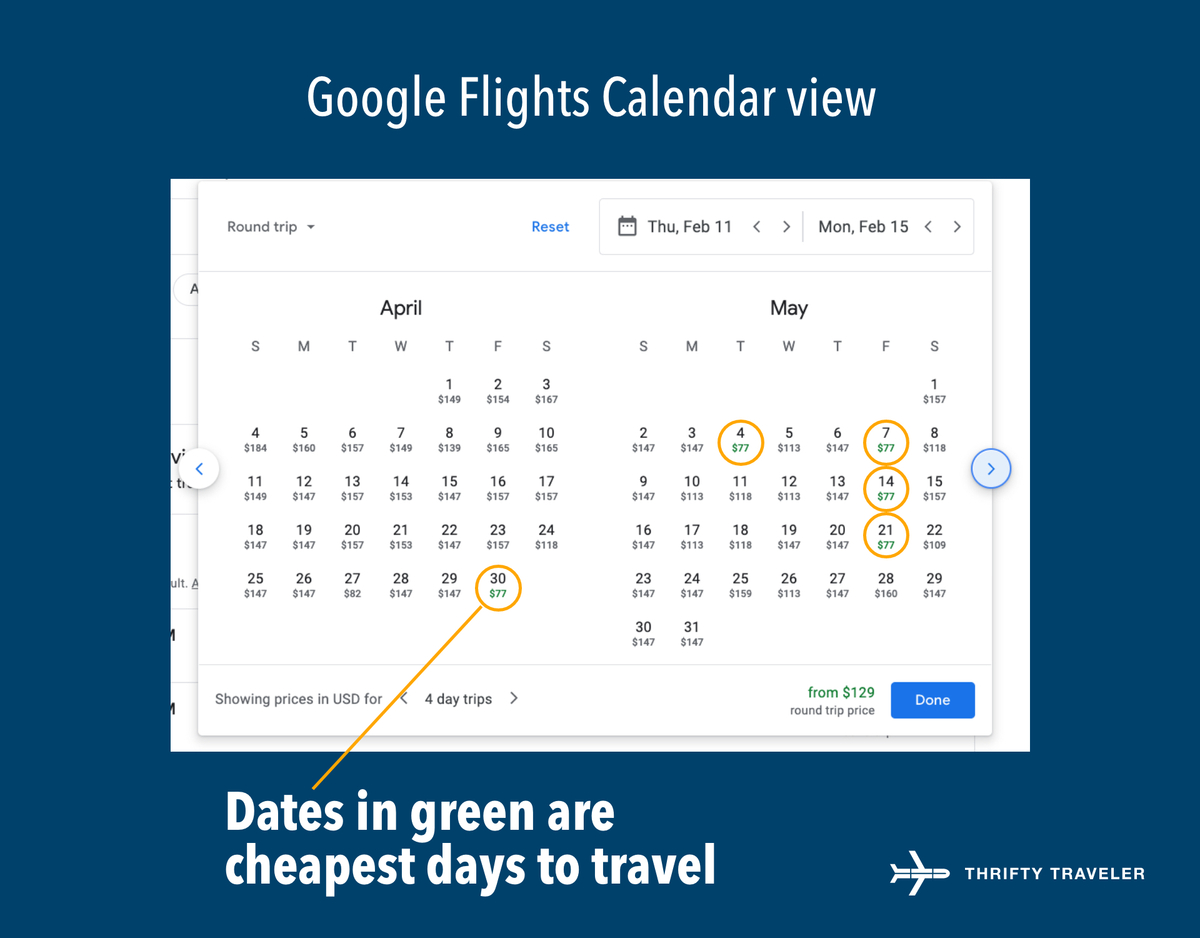 calendar view of flights with prices