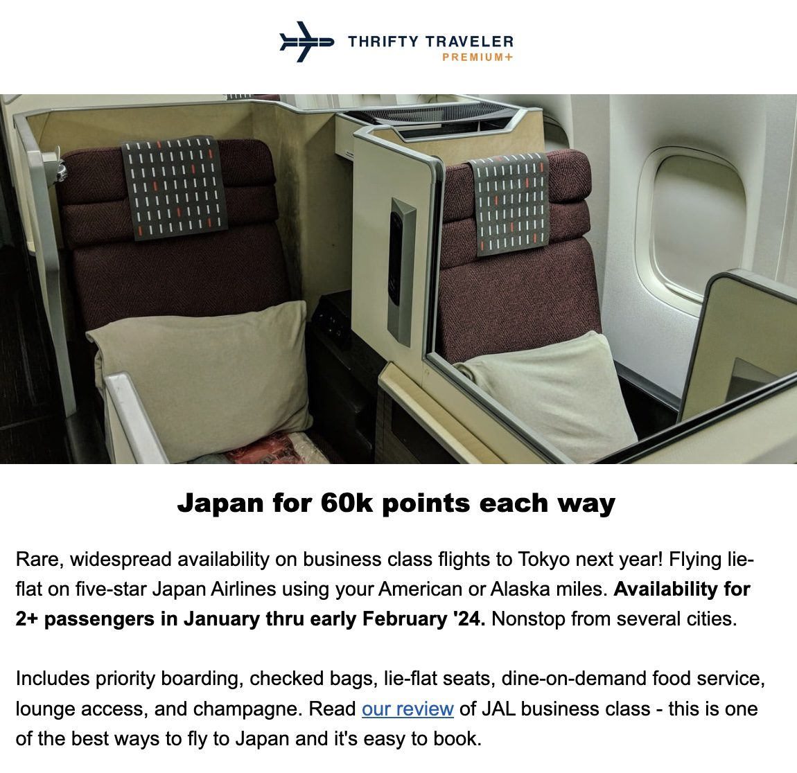 Japan Airlines business class flight deal