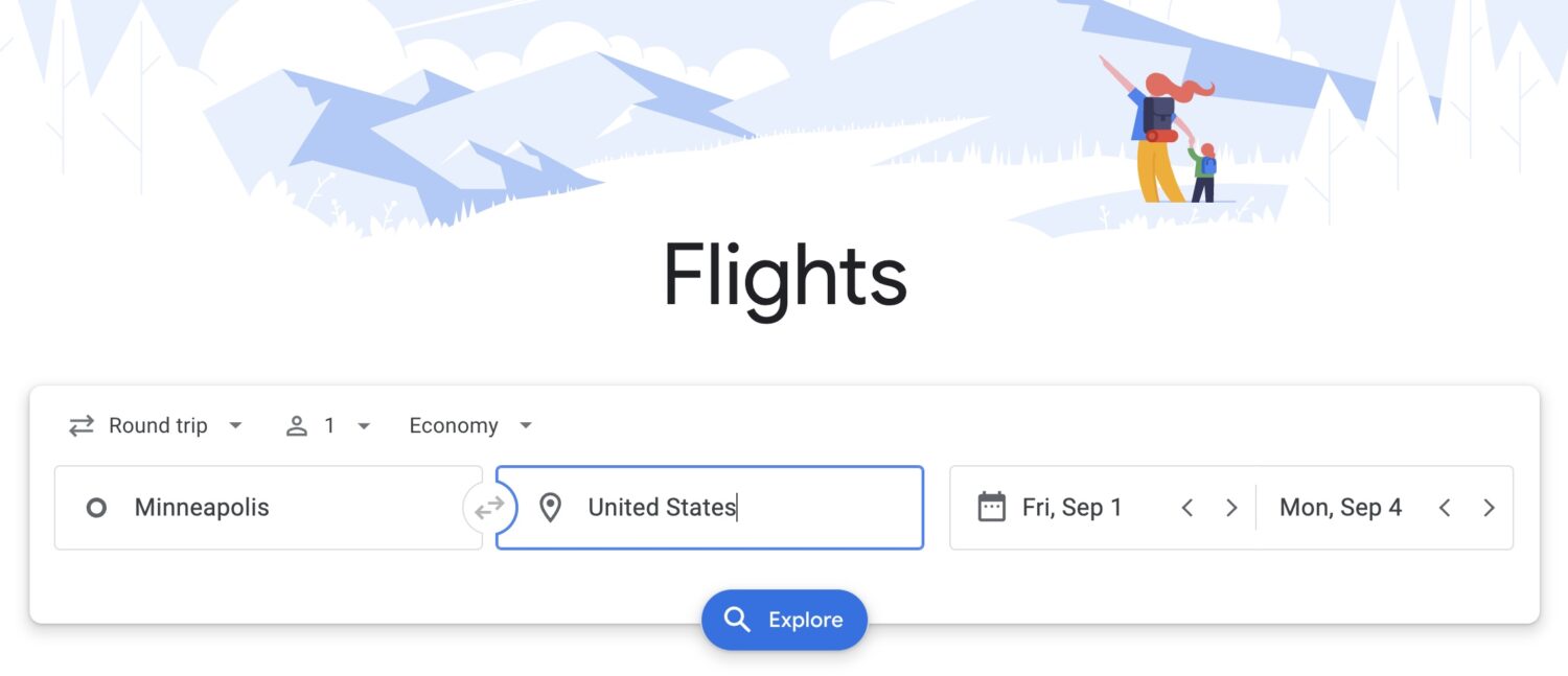 Google Flights explore Labor Day