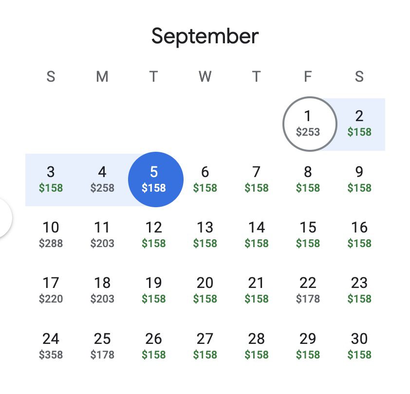Google Flights calendar view
