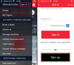 Signing up for turkish miles and smiles with mobile app