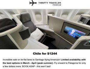 thrifty traveler premium deal business class to chile