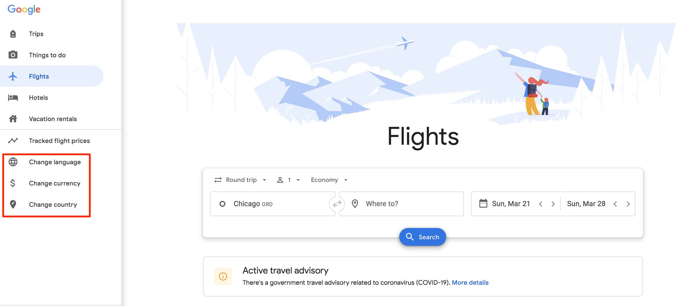 google flights menu settings