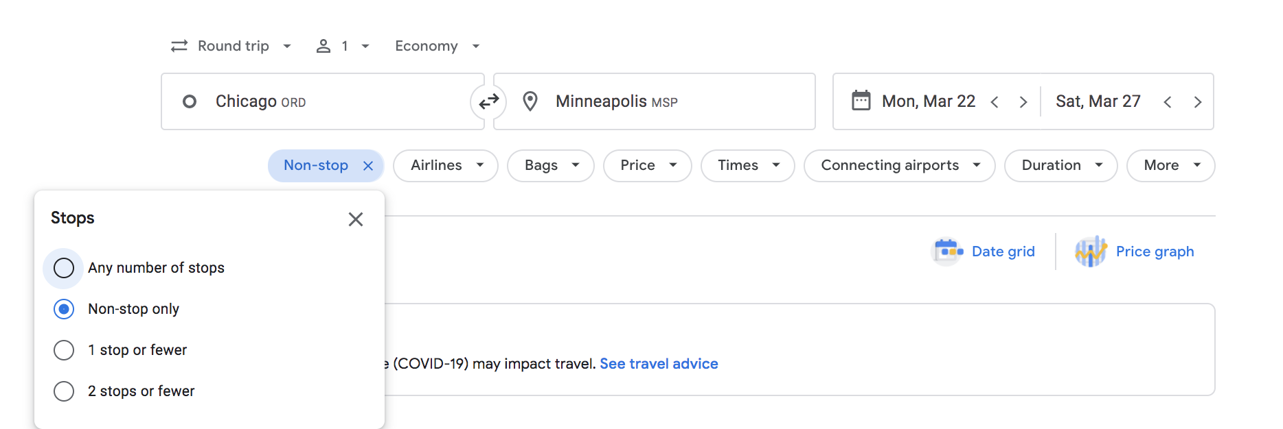 google flights stops filter
