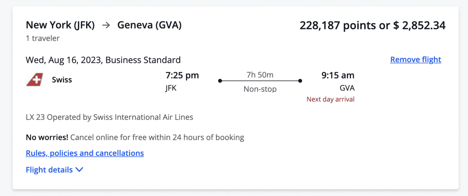 New York to Geneva flight booking through the Chase Travel Portal 