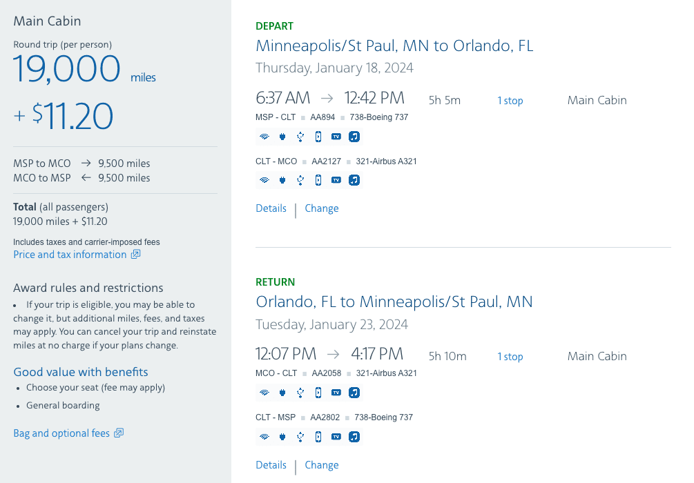 roundtrip aa booking msp-mco