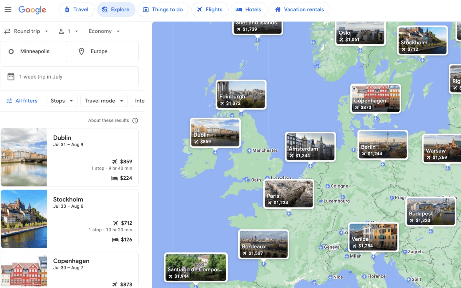 Google Flights Explore summer flights to Europe